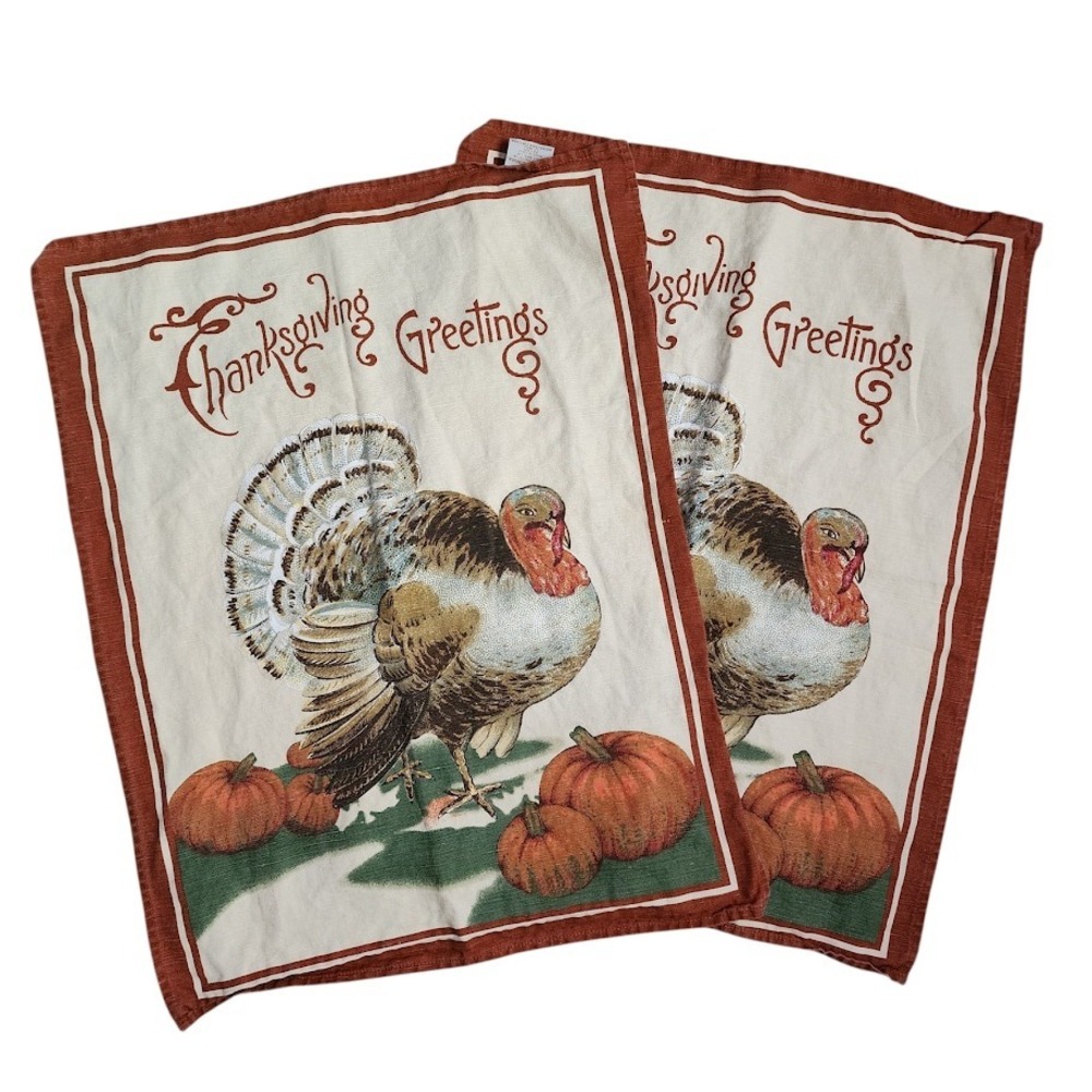 WILLIAMS SONOMA Thanksgiving Greetings Turkey Towels Set of 2 Made in Italy